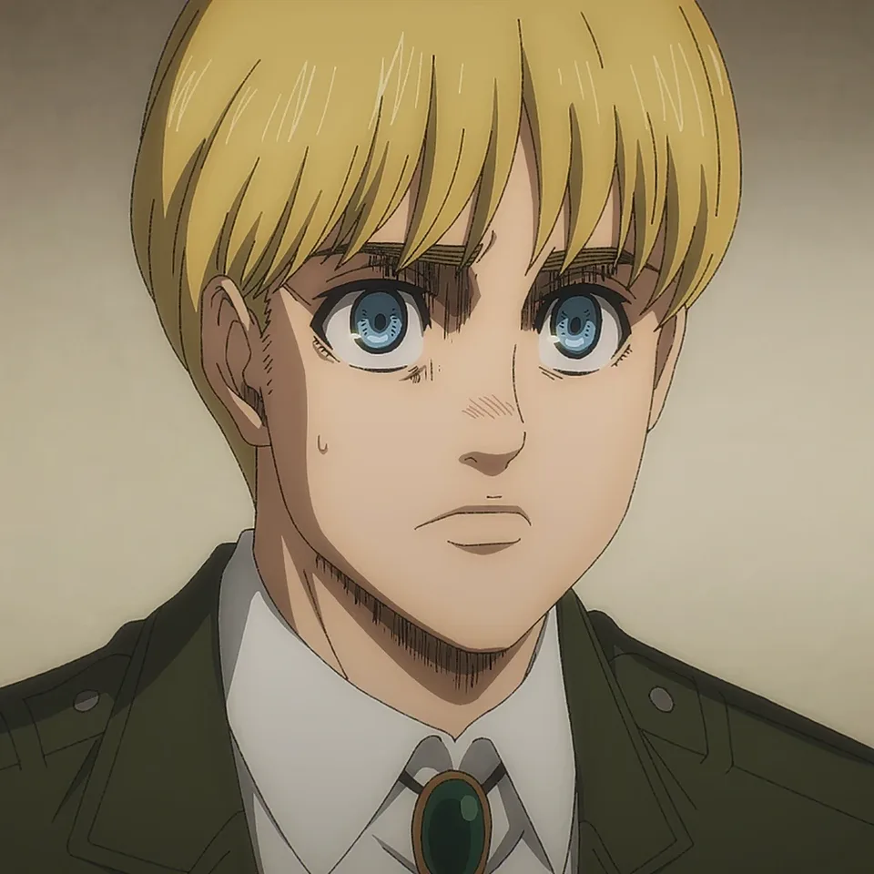Portrait of a slight, wide-eyed blond boy with a bowl haircut in a green cloaked Survey Corps uniform, looking anxious but alert