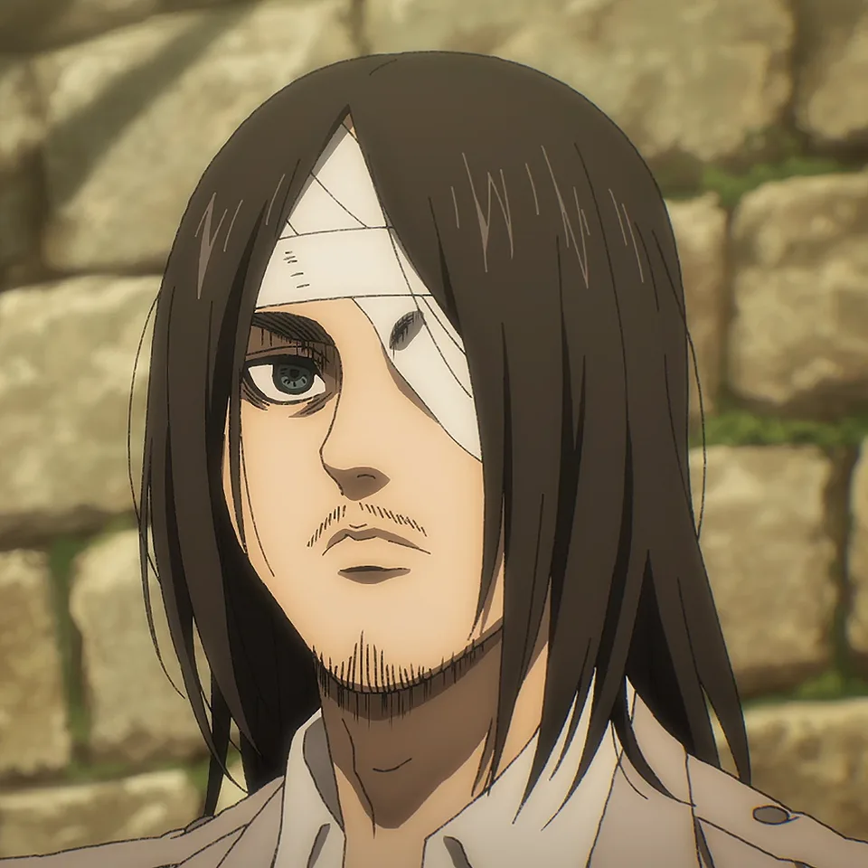 Portrait of a determined teenage boy with tousled brown hair and green eyes, wearing a brown leather jacket with the Survey Corps wings emblem