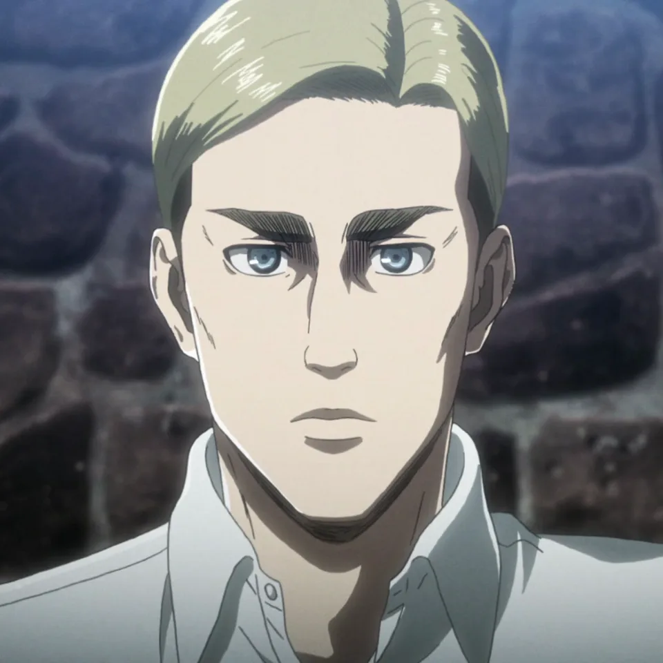 Portrait of a tall, blond man with heavy eyebrows and a stern, resolute gaze, wearing a Survey Corps cloak with the wings emblem