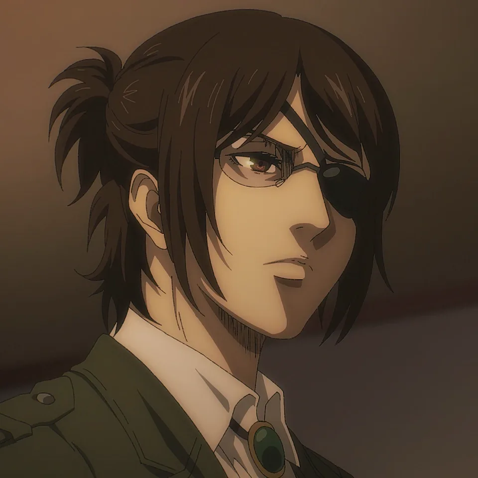 Portrait of a ponytailed scientist with goggles pushed up over glasses, grinning with unsettling enthusiasm in a Survey Corps uniform