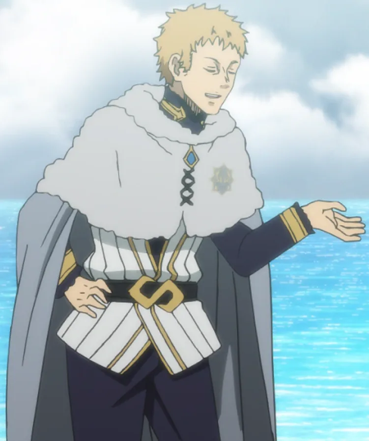 Smiling blond man in an ornate white-and-purple Wizard King robe with a tall feathered ceremonial hat
