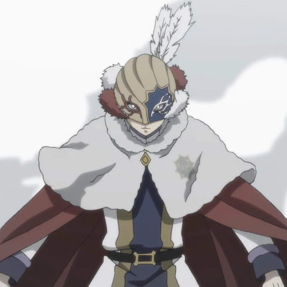 Tall long-haired man in a golden captain's cloak wearing a white mask covering half his face