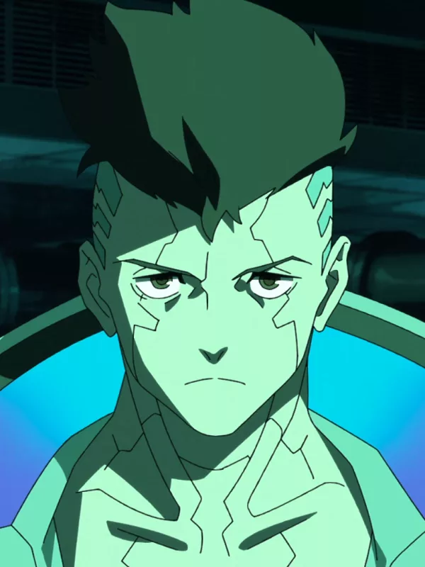 A young man with dark hair and a yellow jacket, wearing cybernetic gear.