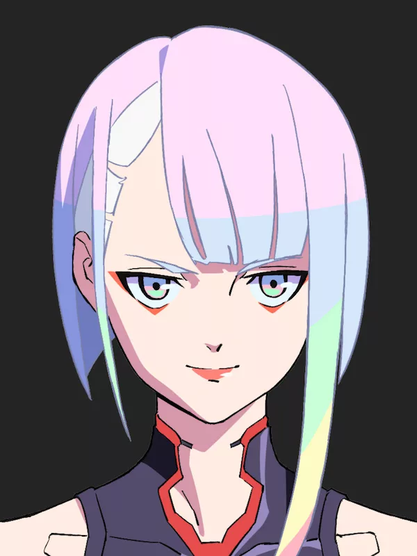 A pale netrunner with a short white bob, red eye makeup, and a sleek dark outfit.