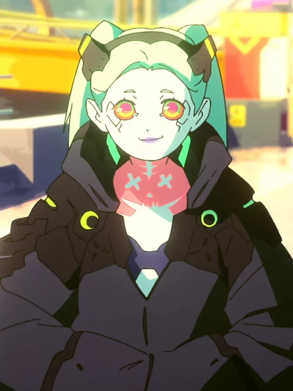 A compact fighter with short cyan hair, bright eyes, and bold streetwear.