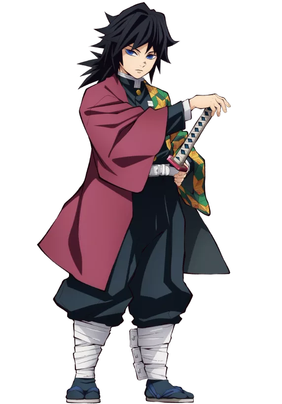 Portrait of a calm dark-haired swordsman with a half-red, half-patterned haori over a black Corps uniform