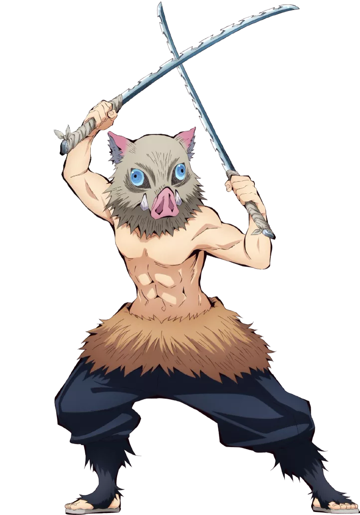 Portrait of a muscular bare-chested youth wearing a hollowed boar's head mask, with long black hair and twin chipped swords
