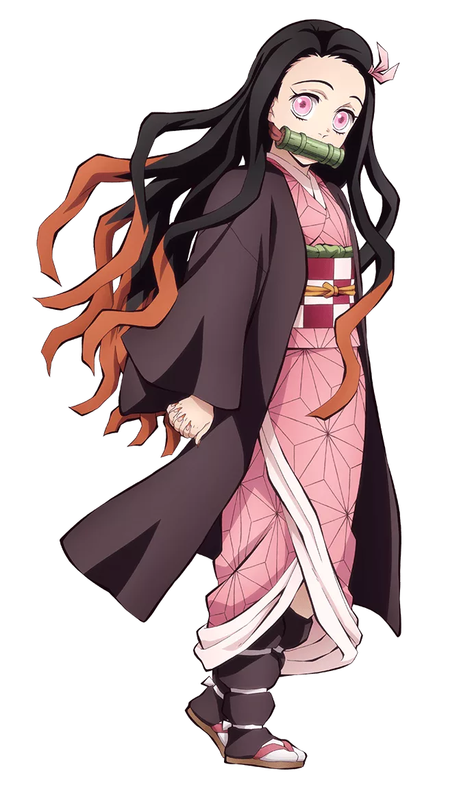 Portrait of a girl with long black hair fading to orange, pink eyes, a bamboo muzzle strapped over her mouth and a pink floral kimono