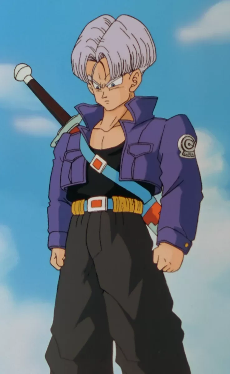Portrait of a young warrior with lavender hair and a Capsule Corp jacket, a sword hilt visible over one shoulder