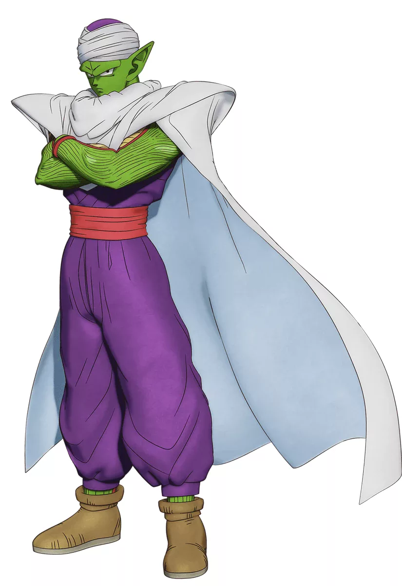 Portrait of a tall green-skinned Namekian with pointed ears and antennae, wearing a white cape and turban, eyes narrowed