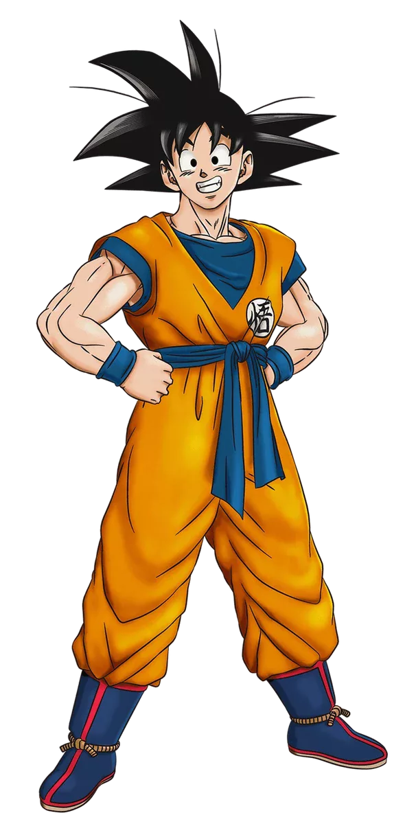 Portrait of a muscular martial artist with spiky black hair in an orange gi with a blue undershirt, fists clenched and glowing with energy