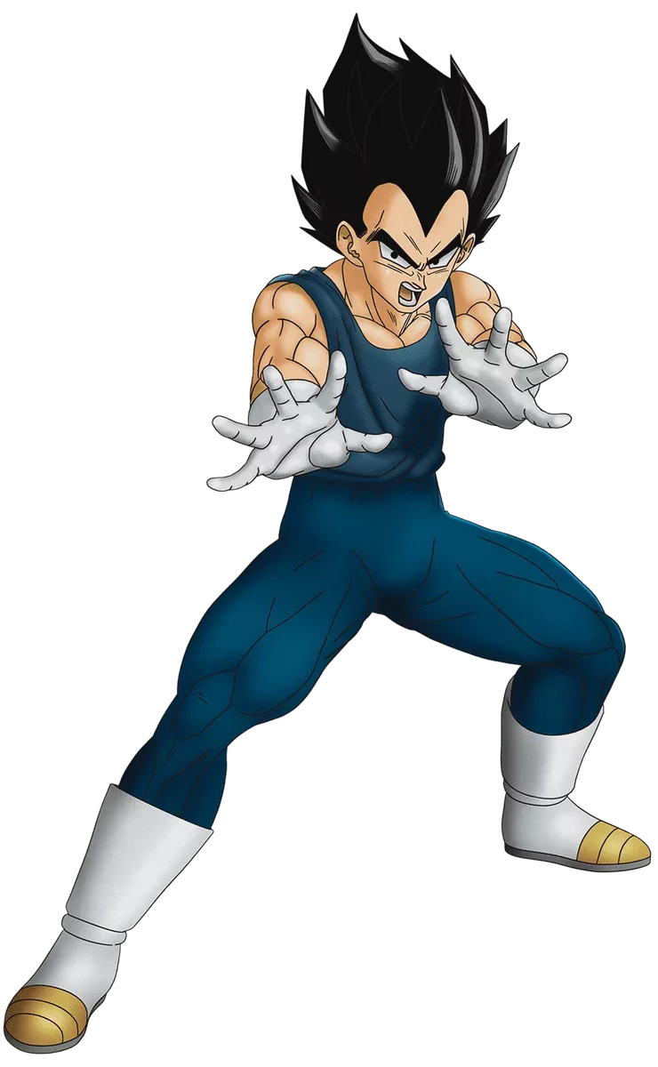 Portrait of a stern, compact warrior with flame-shaped widow's-peak hair, wearing white and navy Saiyan battle armour, arms folded
