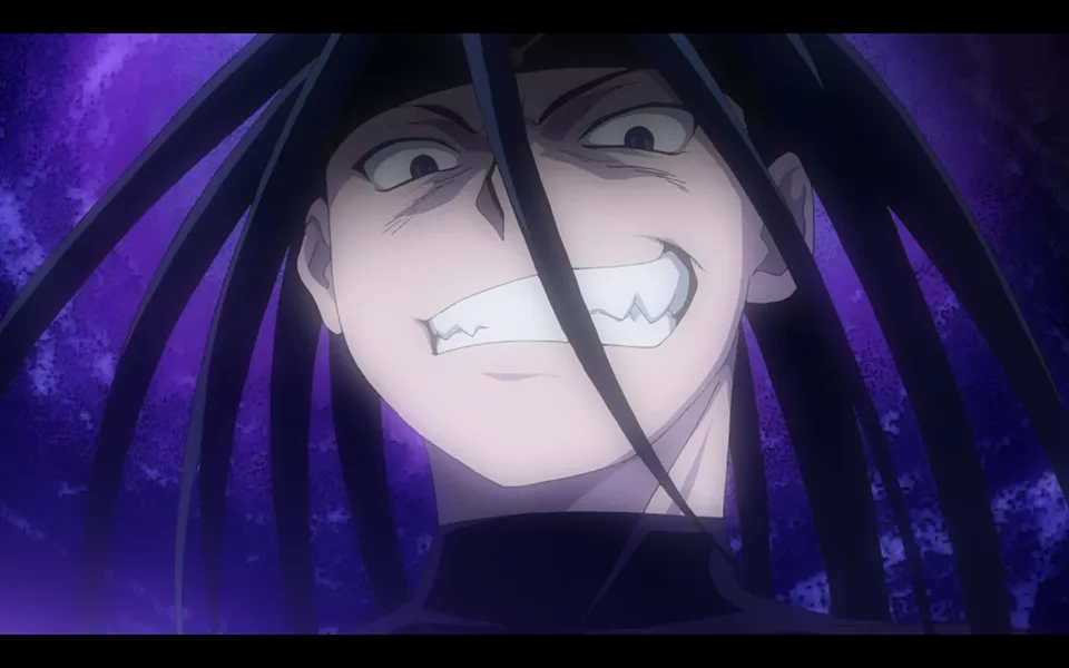 A pale, androgynous figure with long green hair and a confident, taunting expression.