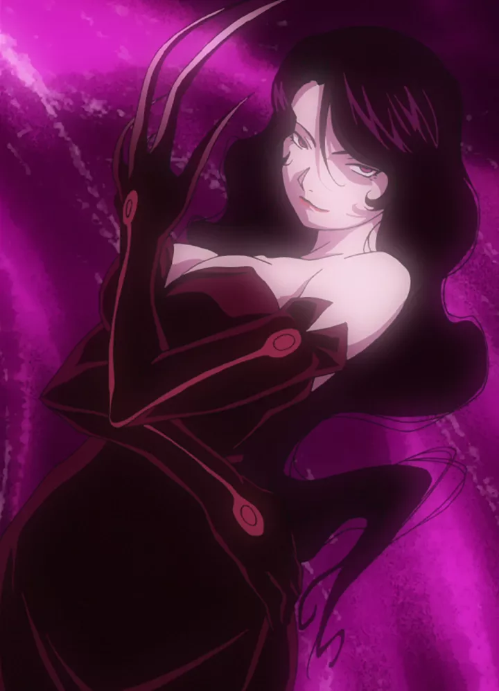 A pale woman with long dark hair, red clothing, and a composed expression.