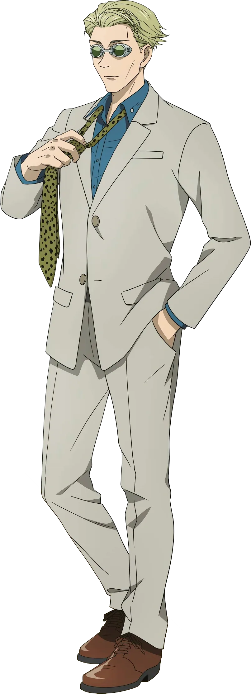 Kento Nanami in a suit and tie with tinted goggles, blond hair
