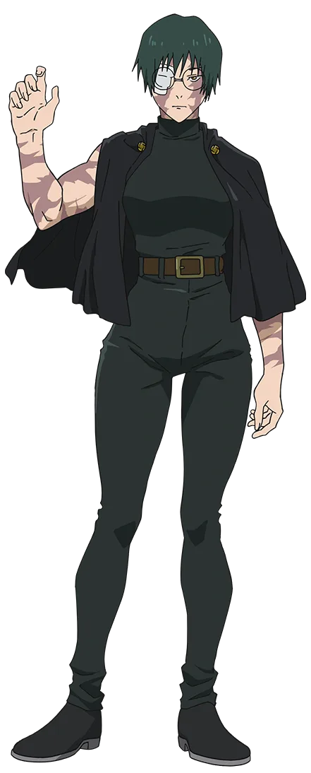 Maki Zenin with glasses and a polearm, dark ponytail, in uniform