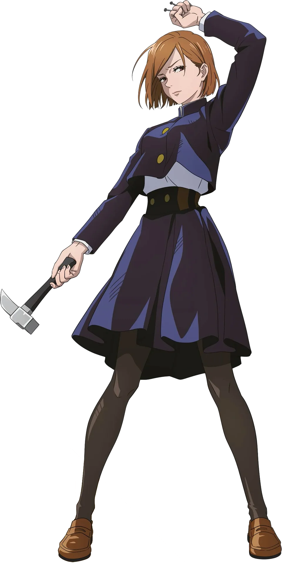 Nobara Kugisaki with a hammer and nails, orange hair, in uniform