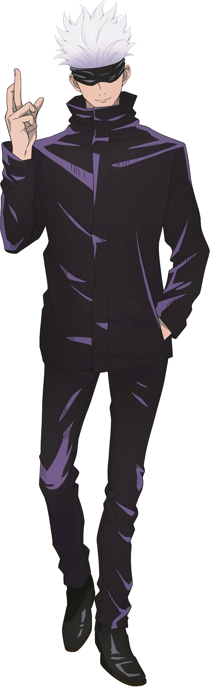 Satoru Gojo, white hair and blindfold, in a dark high-collared uniform