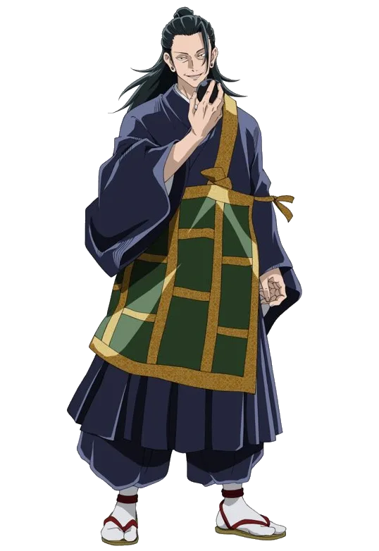 Suguru Geto in dark robes with long black hair tied up