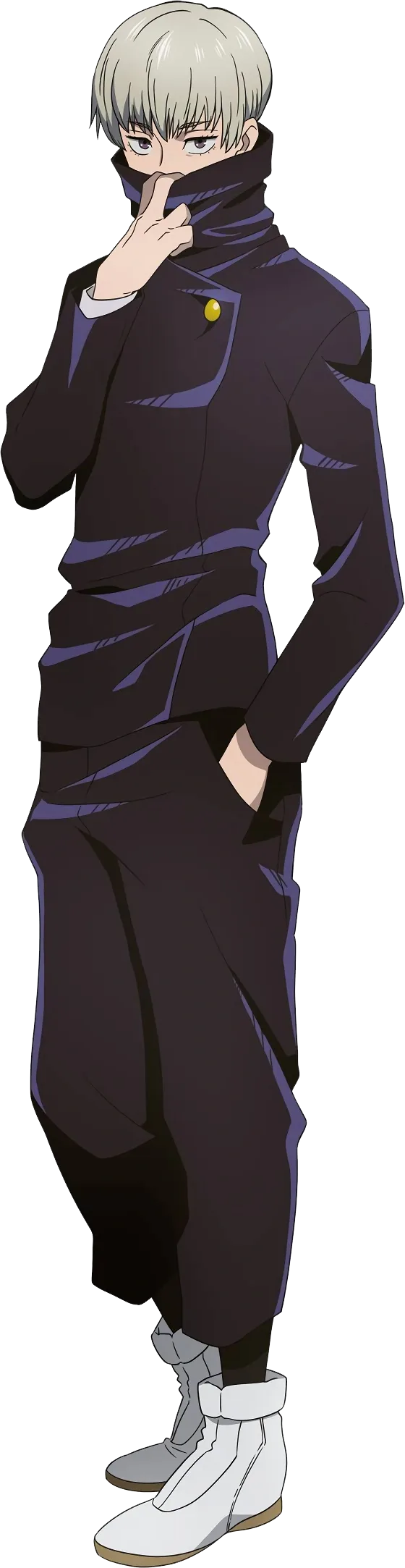 Toge Inumaki with his collar zipped over his mouth, cursed markings visible