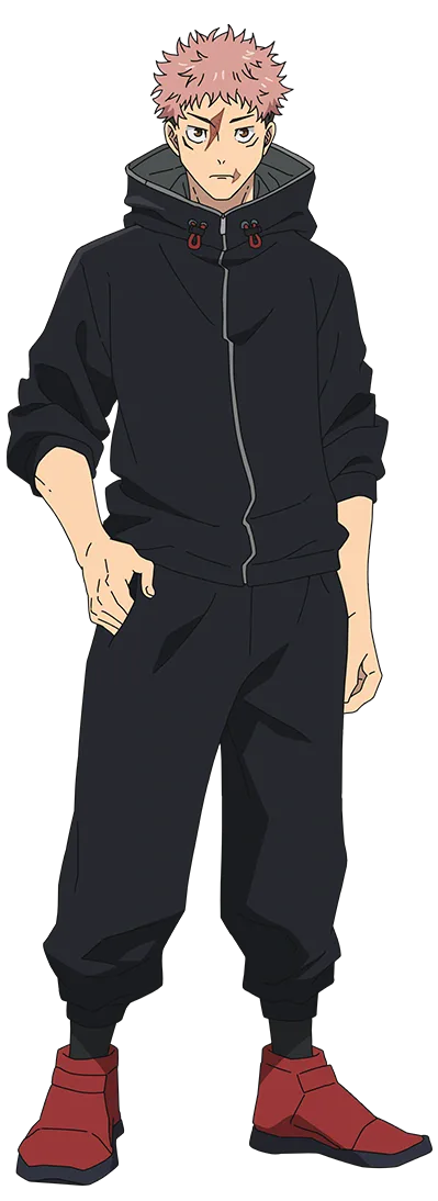 Yuji Itadori in his Jujutsu High uniform, pink hair and hood up