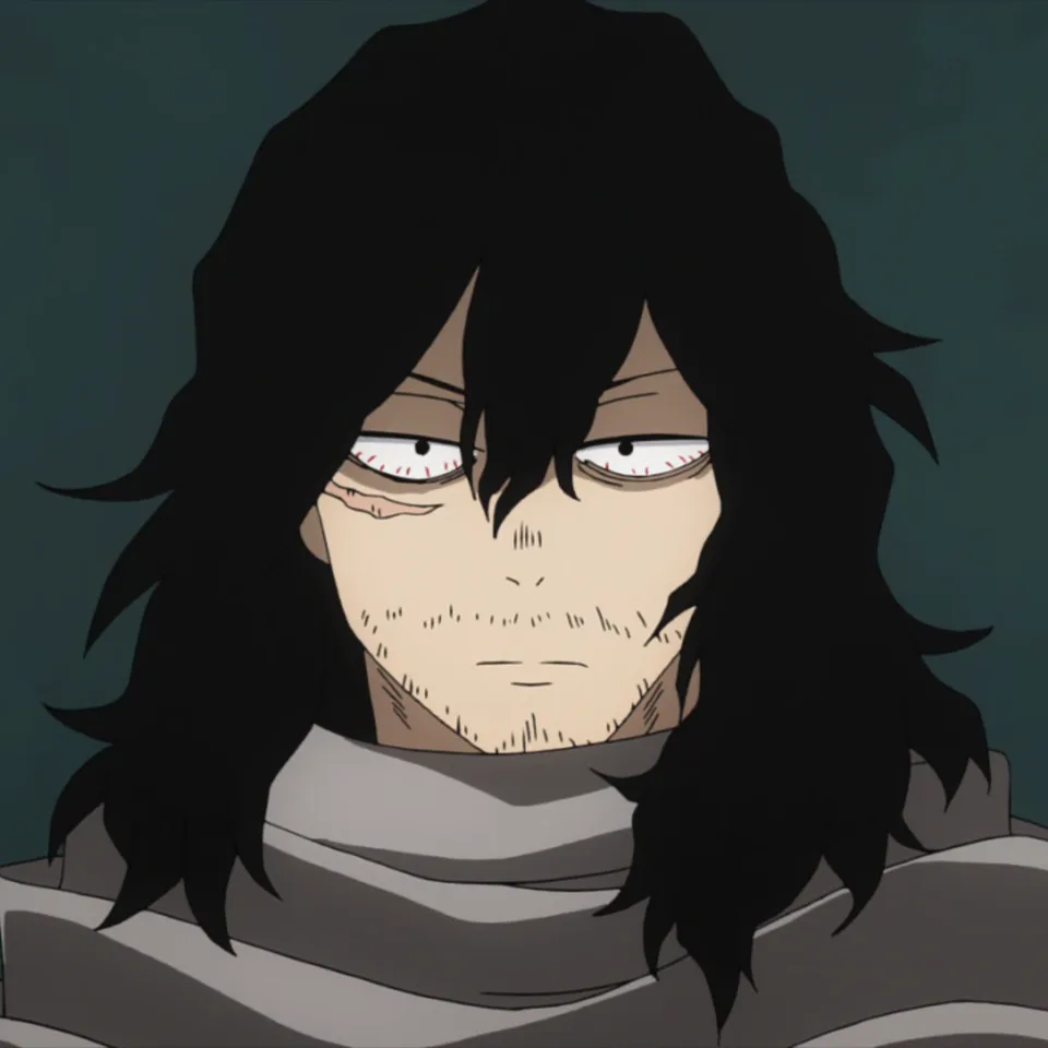 Portrait of a weary-looking man with long black hair and stubble, dark eyes and a grey scarf-like capture weapon coiled at his neck