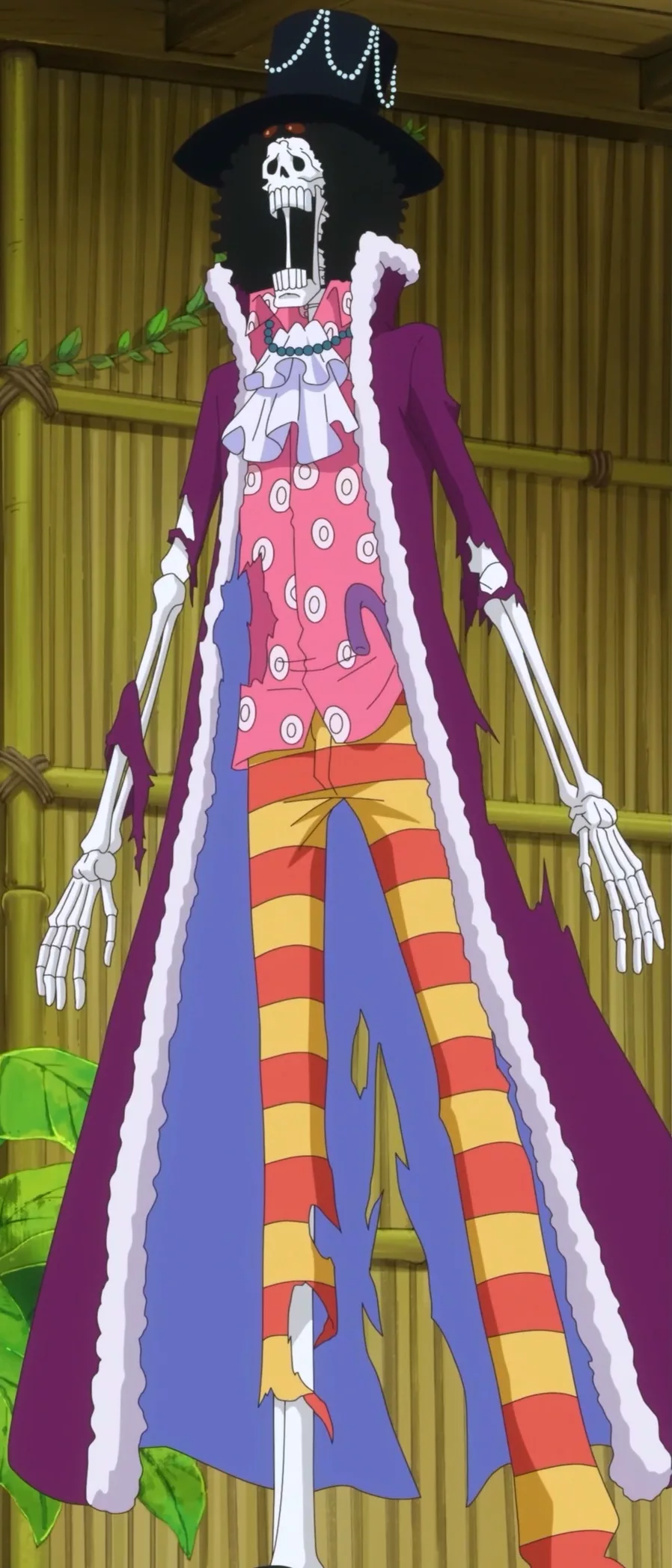 Portrait of a tall skeleton in a top hat and ruffled coat, afro hair and a violin under one arm