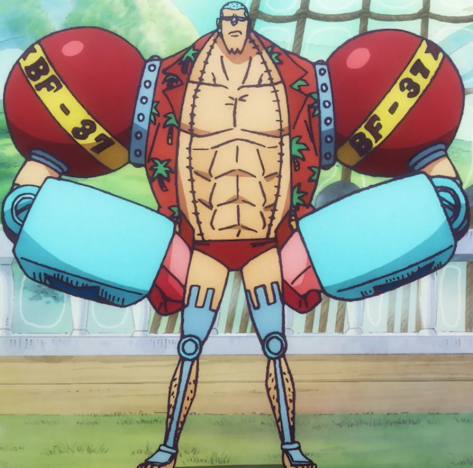Portrait of a hulking blue-haired cyborg with enormous metal forearms and dark sunglasses