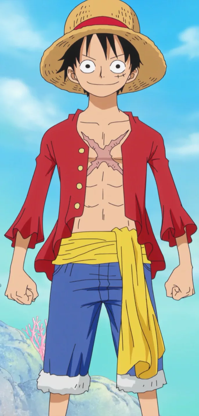 Portrait of a grinning young pirate in a red vest and straw hat, a scar beneath his left eye