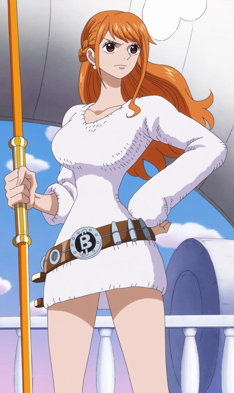 Portrait of an orange-haired young woman with a tattoo on her left shoulder, holding a segmented blue staff