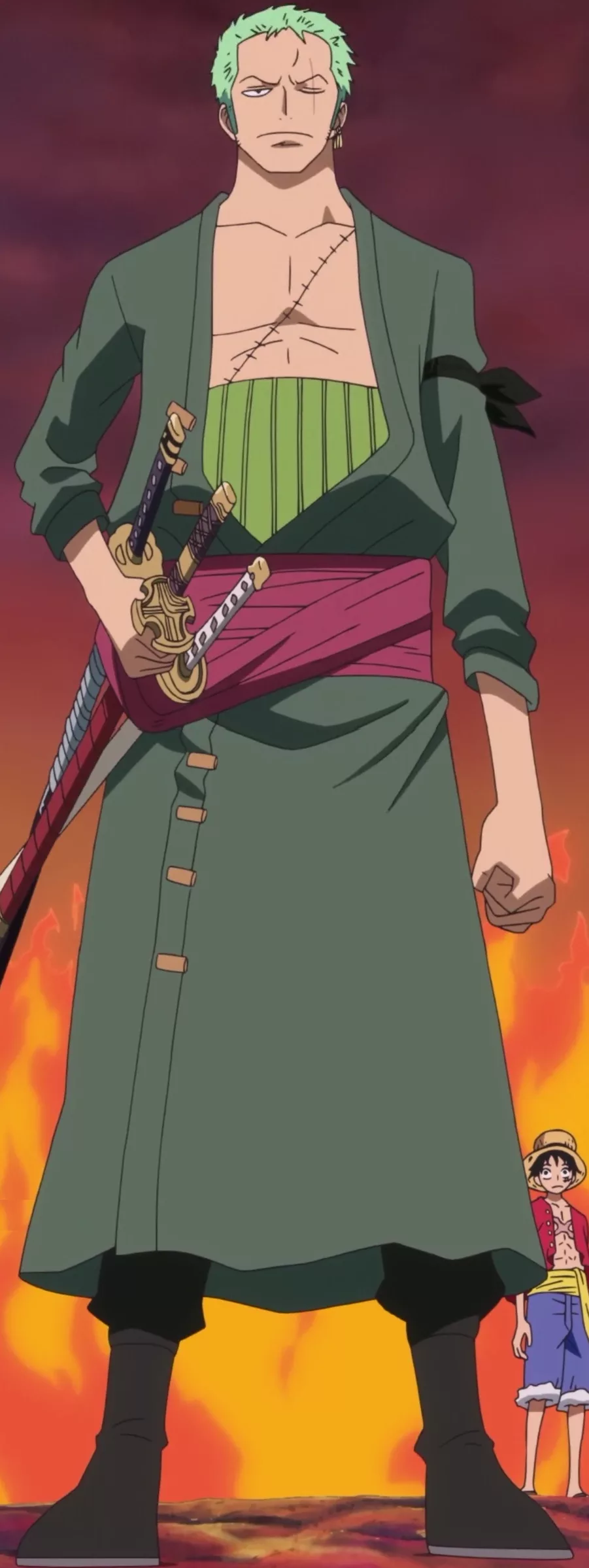 Portrait of a green-haired swordsman with a scarred chest, three sheathed katana at his hip and a bandana on his arm