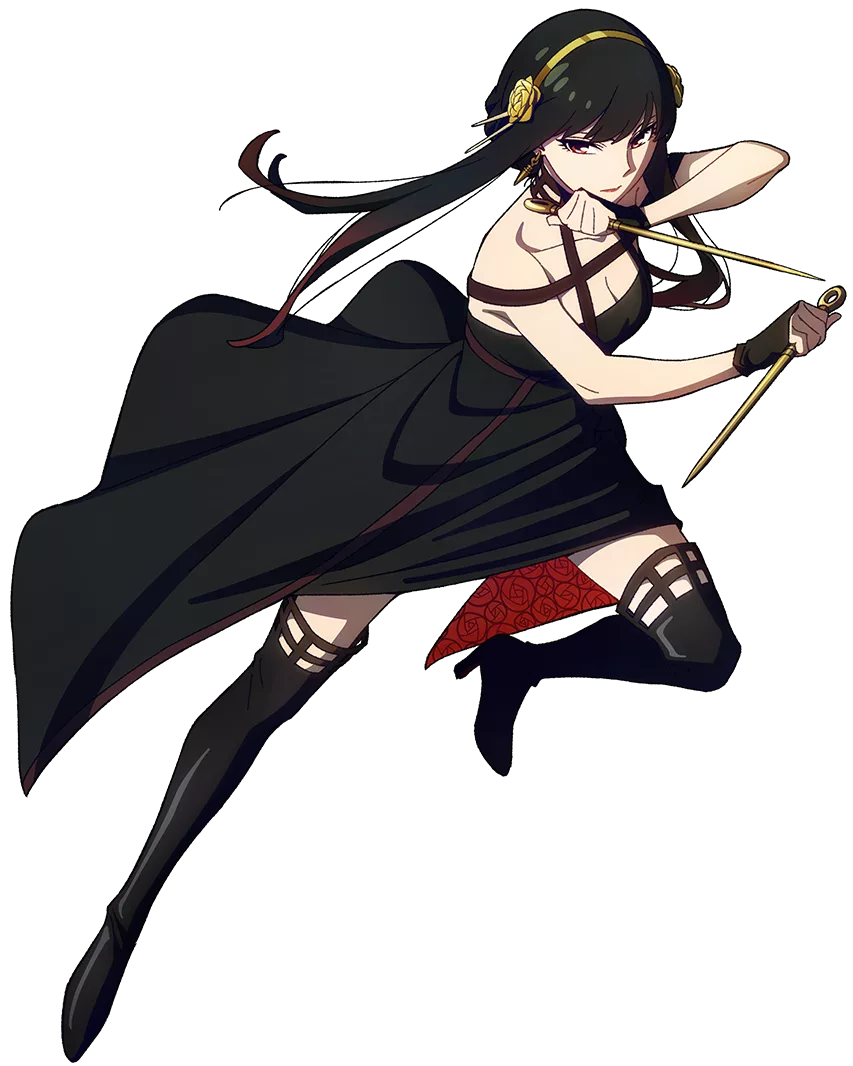 Portrait of a dark-haired woman with red eyes in a black sleeveless dress, a hairband above a gentle, slightly nervous smile